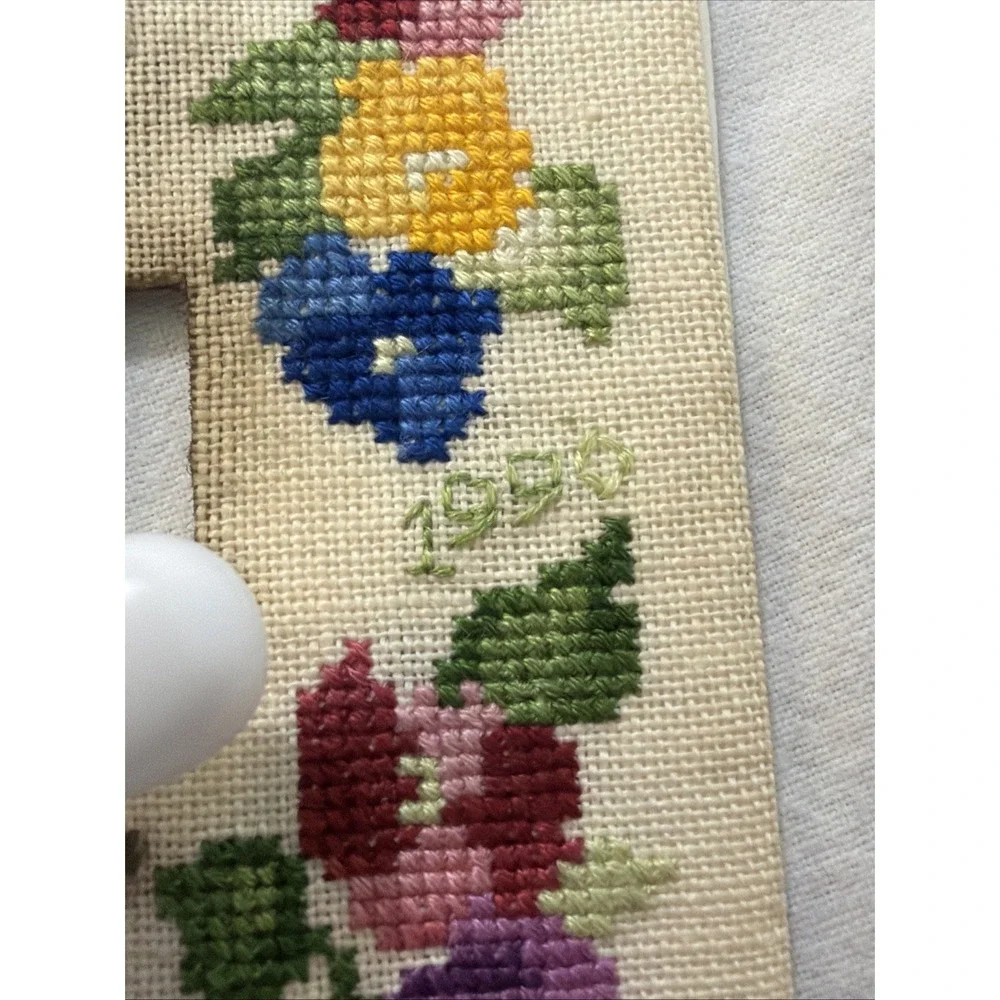 Vtg Finished Cross Stitch Single Toggle Light Switch Cover Floral Completed 1990